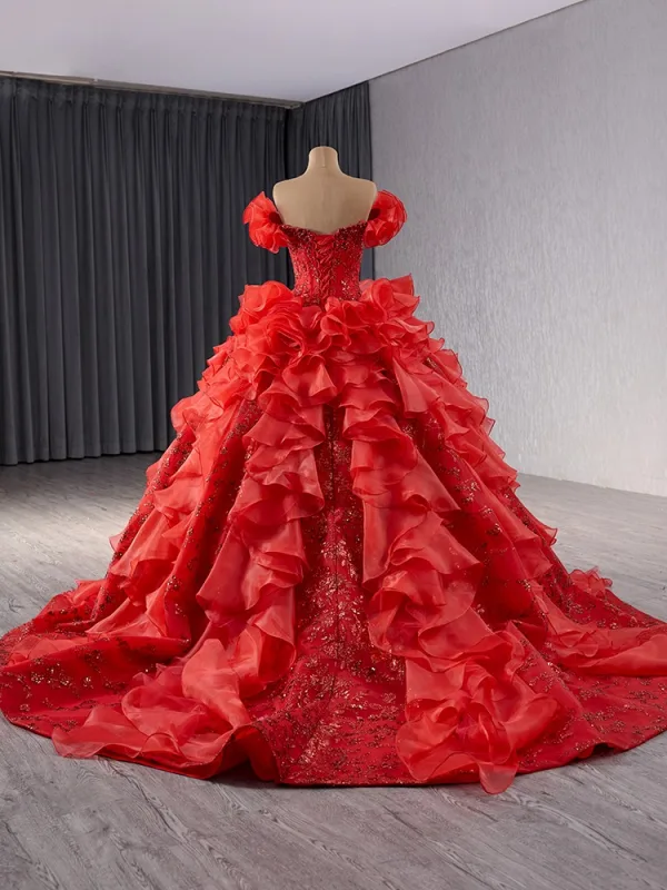 High-end Red Beading Pearl Sequins Cascading Ruffles Wedding Dresses 2024 Ball Gown Off-The-Shoulder Short Sleeve Backless Court Train Wedding