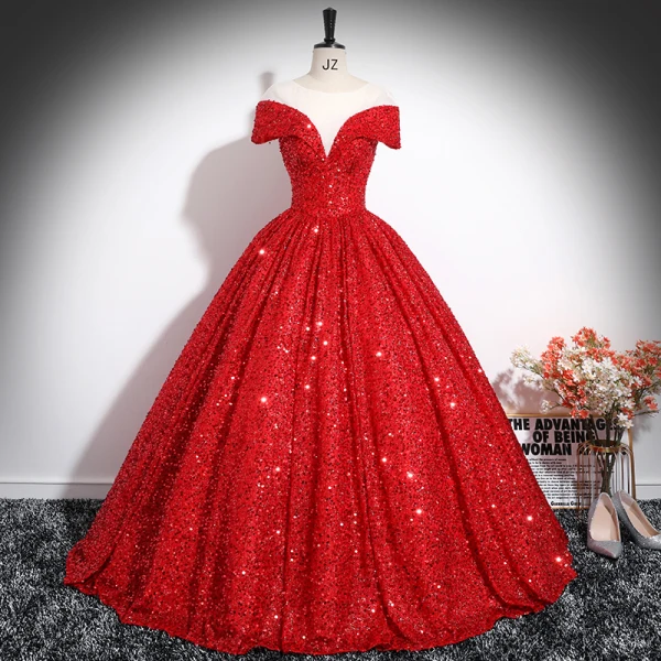 Sparkly Royal Blue Beading Sequins Prom Dresses 2024 Ball Gown Off-The-Shoulder Short Sleeve Backless Floor-Length / Long Prom Formal Dresses