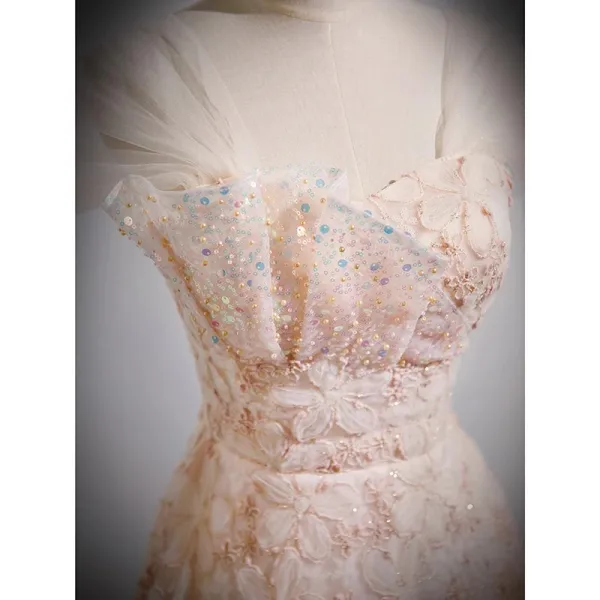 Chic / Beautiful Champagne Beading Sequins Prom Dresses 2023 A-Line / Princess Square Neckline Sleeveless Backless Floor-Length / Long Prom Formal Dresses