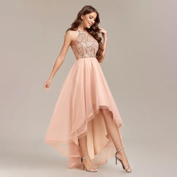 Bling Bling Gold Sequins Asymmetrical Prom Dresses 2024 A-Line / Princess Scoop Neck Sleeveless Prom Formal Dresses
