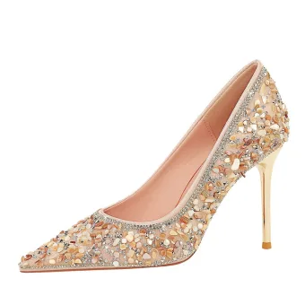 Charming Blushing Pink Rhinestone Sequins Evening Party Pumps 2026 9 Cm Stiletto Heels Pointed Toe Pumps High Heels