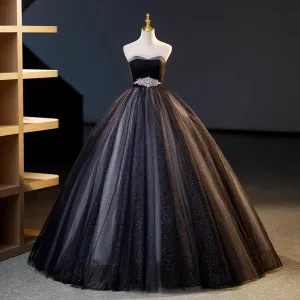 Charming Sexy Black Glitter Sequins Rhinestone Sash Prom Dresses 2023 Ball Gown Strapless Sleeveless Backless Floor Length Long Prom Formal Dresses