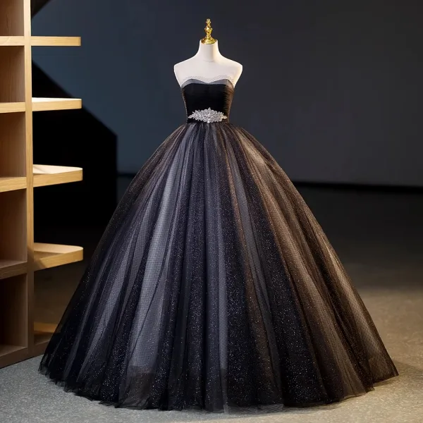 Charmant Sexy Schwarz Glanz Pailletten Strass Stoffgürtel Ballkleider 2023 Ballkleid Bandeau Ärmellos Rückenfreies Lange Ball Festliche Kleider