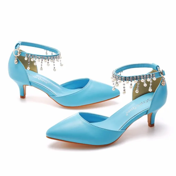 Chic / Beautiful Sky Blue Evening Party Womens Shoes 2023 Pearl Rhinestone Tassel Ankle Strap 5 cm Stiletto Heels Pointed Toe Womens Shoes High Heels