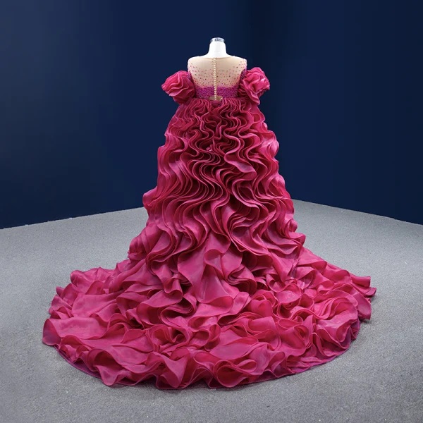 High-end Fashion Fuchsia Beading Pearl Rhinestone Sequins Cascading Ruffles Prom Dresses 2022 A-Line / Princess Asymmetrical Scoop Neck Short Sleeve Prom
