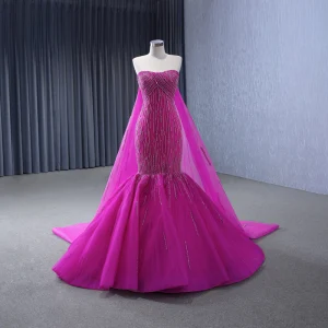 High End Fuchsia Handmade Beading Prom Dresses 2024 Trumpet Mermaid Strapless Sleeveless Backless Court Train Prom Formal Dresses