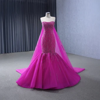 High End Fuchsia Handmade Beading Prom Dresses 2024 Trumpet Mermaid Strapless Sleeveless Backless Court Train Prom Formal Dresses