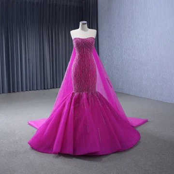 High End Fuchsia Handmade Beading Prom Dresses 2024 Trumpet Mermaid Strapless Sleeveless Backless Court Train Prom Formal Dresses