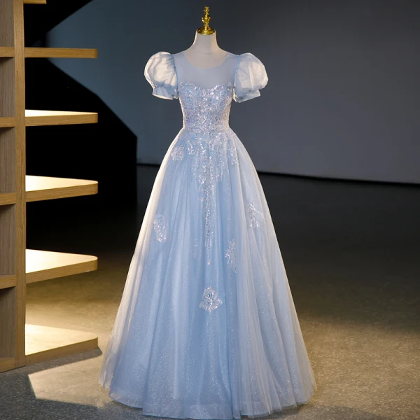 Chic / Beautiful Sky Blue Beading Sequins Prom Dresses 2023 Ball Gown Scoop Neck Puffy Short Sleeve Backless Floor-Length / Long Prom Formal Dresses