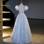 Chic / Beautiful Sky Blue Beading Sequins Prom Dresses 2023 Ball Gown Scoop Neck Puffy Short Sleeve Backless Floor-Length / Long Prom Formal Dresses