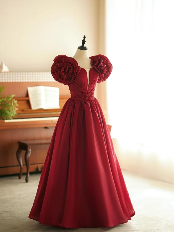Vintage / Retro Burgundy Flower Short Sleeve Prom Dresses 2024 A-Line / Princess Off-The-Shoulder Backless Floor-Length / Long Prom Formal Dresses