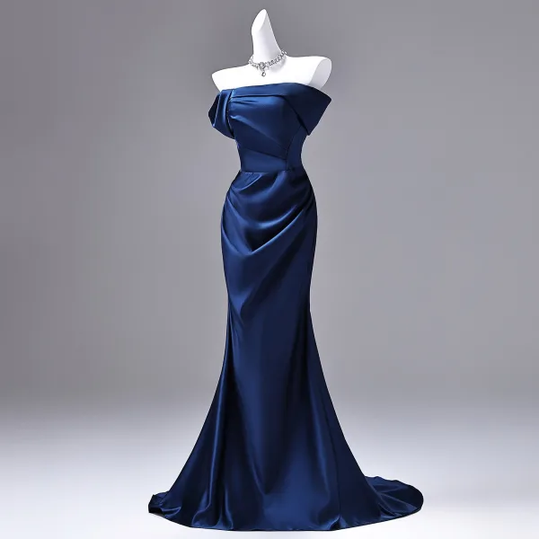 Sexy Marineblau Abendkleider 2026 Meerjungfrau Bandeau Ärmellos Rückenfreies Sweep / Pinsel Zug Festliche Kleider
