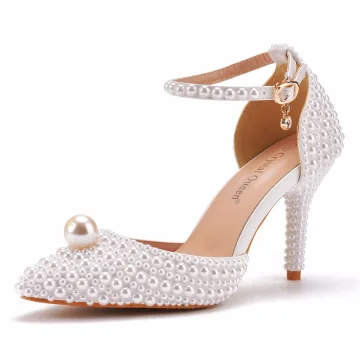 Charmant Blanche Perle Chaussure De Mariée 2022 Bride Cheville 9 Cm Talons Aiguilles À Bout Pointu Mariage Talons Hauts