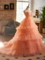Chic / Belle Orange Perlage Volants en Cascade Robe De Bal 2025 Princesse Bustier Sans Manches Dos Nu Train De Balayage Promo Robe De Ceremonie