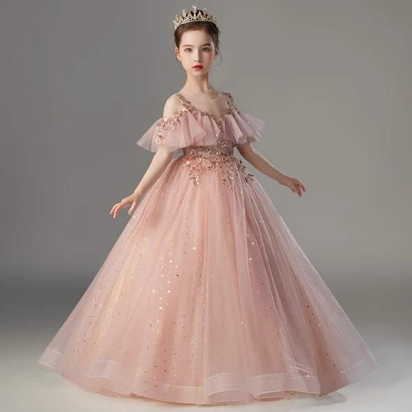 Chic / Beautiful Blushing Pink Beading Sequins Prom Flower Girl Dresses 2022 A-Line / Princess Scoop Neck Short Sleeve Floor-Length / Long Flower Girl Dresses