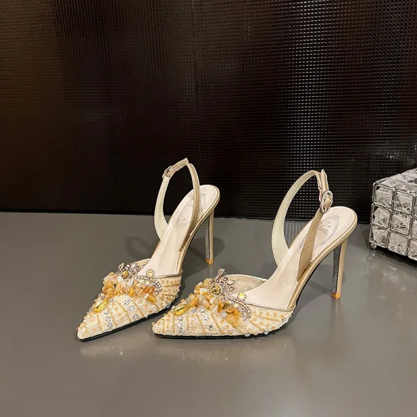 Charming Beige Lace Rhinestone Evening Party Womens Sandals 2024 Leather 10 cm Stiletto Heels Pointed Toe High Heels