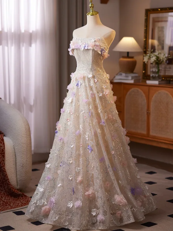 Bling Bling Flower Fairy Champagne Appliques Sequins Prom Dresses 2025 A-Line / Princess Strapless Sleeveless Backless Floor-Length / Long Formal Dresses