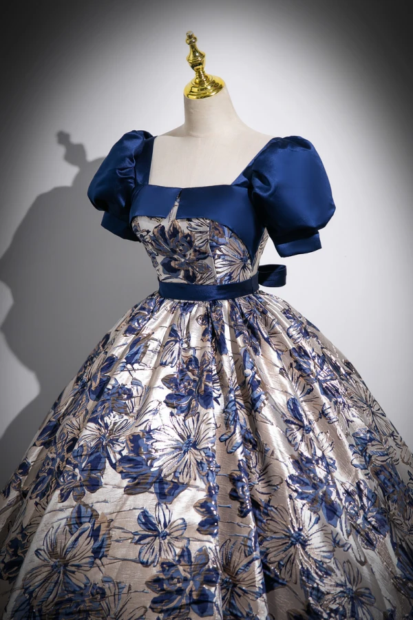Vintage / Retro Ocean Blue Printing Prom Dresses 2023 Ball Gown Square Neckline Puffy Short Sleeve Backless Bow Sash Floor-Length / Long Prom Formal Dresses