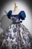 Vintage / Retro Ocean Blue Printing Prom Dresses 2023 Ball Gown Square Neckline Puffy Short Sleeve Backless Bow Sash Floor-Length / Long Prom Formal Dresses