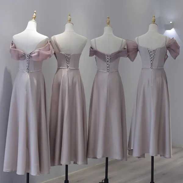 Modest / Simple Blushing Pink Satin Bridesmaid Dresses 2023 A-Line / Princess Off-The-Shoulder Sleeveless Backless Pearl Bow Sash Tea-length Bridesmaid Dresses