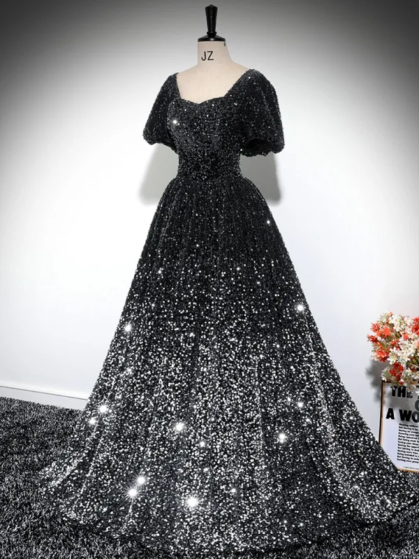 Glitzernden Schwarz Pailletten Ballkleid Ballkleider 2024 Eckiger Ausschnitt Kurze Ärmel Rückenfreies Lange Ball Festliche Kleider