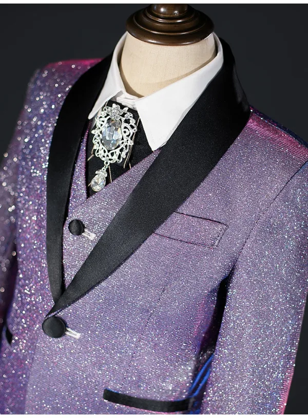 Fashion Bling Bling Purple 5-piece Glitter Rhinestone Long Sleeve Boys Wedding Suits 2025