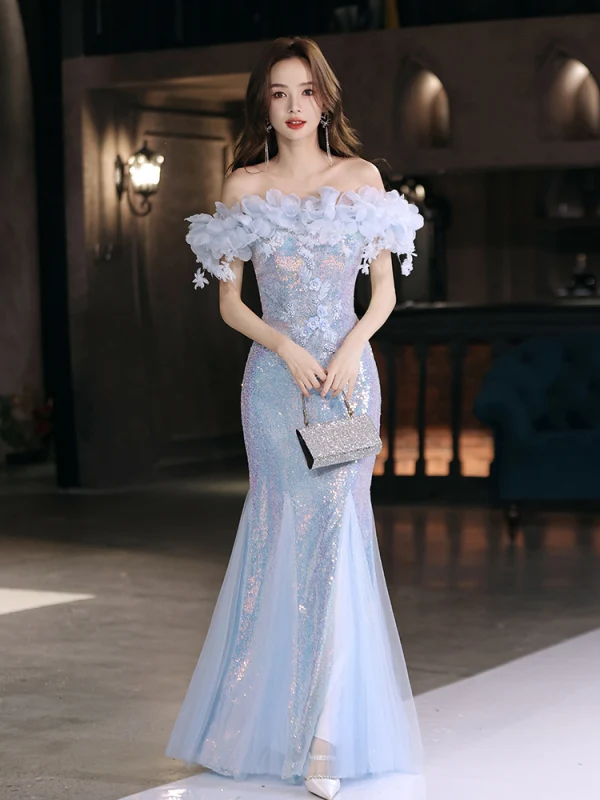 Scintillantes Bleu Ciel Perlage Appliques Paillettes Robe De Bal 2024 Trompette / Sirène De l'épaule Manches Courtes Dos Nu Longue Promo Robe De Ceremonie