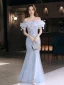 Scintillantes Bleu Ciel Perlage Appliques Paillettes Robe De Bal 2024 Trompette / Sirène De l'épaule Manches Courtes Dos Nu Longue Promo Robe De Ceremonie