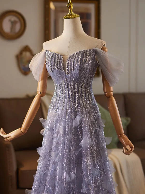 Bling Bling Lavender Beading Sequins Prom Dresses 2025 A-Line / Princess Off-The-Shoulder Sleeveless Backless Floor-Length / Long Formal Dresses