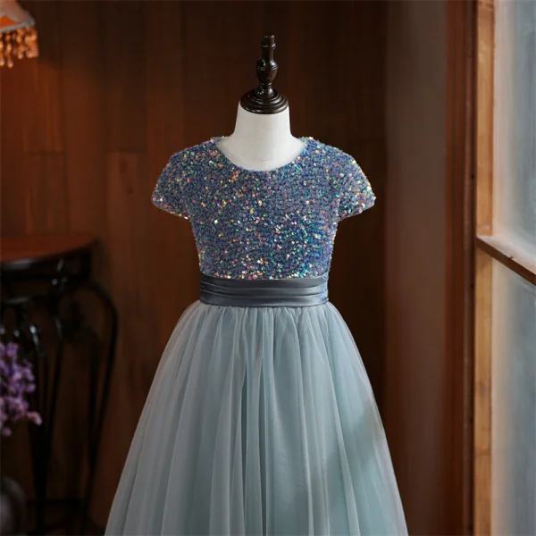 Chic / Beautiful Grey Sequins Birthday Flower Girl Dresses 2024 A-Line / Princess Scoop Neck Short Sleeve Bow Sash Floor-Length / Long