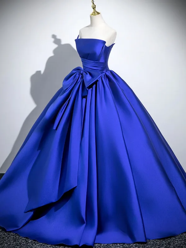 Elegant Royal Blue Satin Bow Prom Dresses 2025 Ball Gown Strapless Sleeveless Backless Floor-Length / Long Prom Formal Dresses
