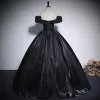 Elegant Black Satin Prom Dresses 2023 Ball Gown Off-The-Shoulder Short Sleeve Backless Floor-Length / Long Prom Formal Dresses