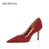 Elegant Burgundy Lace Prom Wedding Shoes 2024 Leather 8 cm Stiletto Heels Pointed Toe Pumps High Heels