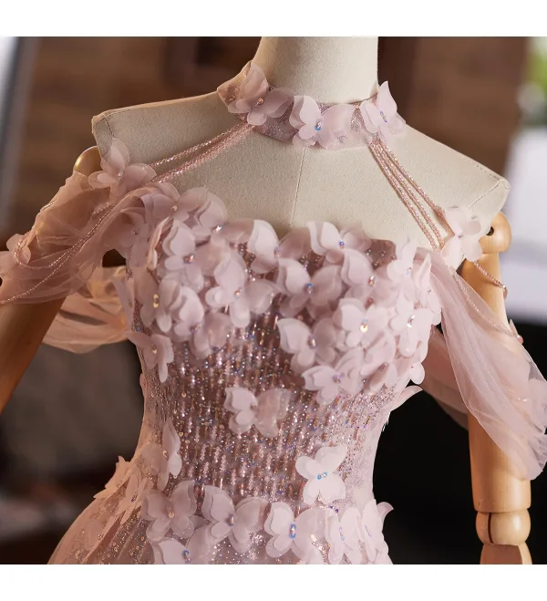 Flower Fairy Blushing Pink Beading Sequins Butterfly Appliques Prom Dresses 2025 A-Line / Princess High Neck Sleeveless Backless Floor-Length / Long Formal Dresses