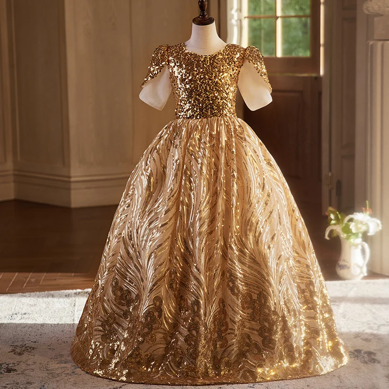 Sparkly Gold Sequins Birthday Flower Girl Dresses 2024 Ball Gown Scoop Neck Short Sleeve Sparkly Gold Sequins Birthday Flower Girl Dresses 2024 Ball Gown Scoop Neck Short Sleeve
