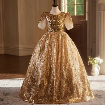 Sparkly Gold Sequins Birthday Flower Girl Dresses 2024 Ball Gown Scoop Neck Short Sleeve Backless Floor Length Long