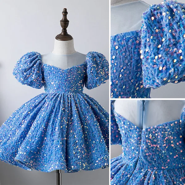 Sparkly Pool Blue Sequins Prom Flower Girl Dresses 2022 Ball Gown Scoop Neck Short Sleeve Short Flower Girl Dresses