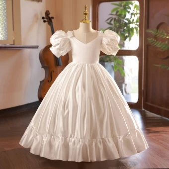 Vintage Retro Ivory Birthday Flower Girl Dresses 2024 Ball Gown V Neck Puffy Short Sleeve Floor Length Long