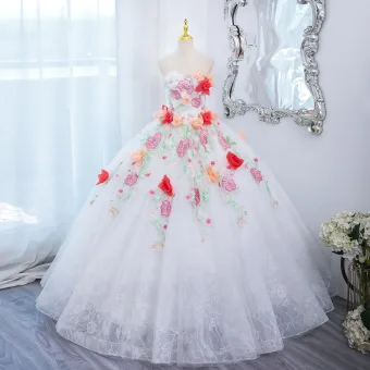 Fée Des Fleurs Blanche Faux Diamant En Dentelle Fleur Appliques Robe De Bal 2024 Robe Boule Amoureux Sans Manches Dos Nu Longue Promo Robe De Ceremonie