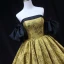 Vintage / Retro Gold Printing Prom Dresses 2022 Ball Gown Satin Strapless Puffy Short Sleeve Backless Floor-Length / Long Formal Dresses