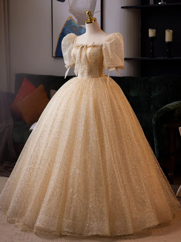 Bling Bling Gold Pailletten Ballkleider 2025 Ballkleid Eckiger Ausschnitt Geschwollenes Kurze Ärmel Rückenfreies Festliche Kleider