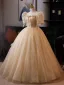 Bling Bling Gold Pailletten Ballkleider 2025 Ballkleid Eckiger Ausschnitt Geschwollenes Kurze Ärmel Rückenfreies Festliche Kleider