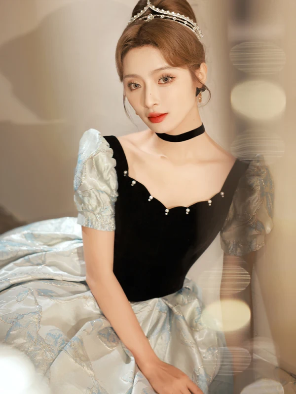 Elegant Black Glitter Prom Dresses 2023 A-Line / Princess Square Neckline Short Sleeve Backless Floor-Length / Long Prom Formal Dresses