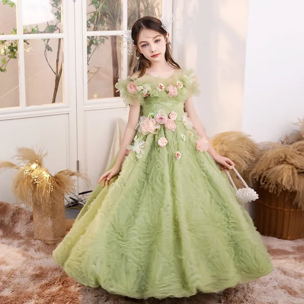 Flower Fairy Sage Green Appliques Birthday Flower Girl Dresses 2024 Ball Gown Scoop Neck Short Sleeve Backless Floor-Length / Long Tulle Flower Girl Dresses