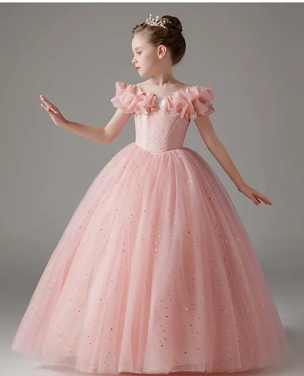 Chic / Beautiful Blushing Pink Lace Butterfly Sequins Birthday Flower Girl Dresses 2024 Ball Gown Scoop Neck Short Sleeve Floor-Length / Long Tulle