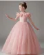 Chic / Beautiful Blushing Pink Lace Butterfly Sequins Birthday Flower Girl Dresses 2024 Ball Gown Scoop Neck Short Sleeve Floor-Length / Long Tulle