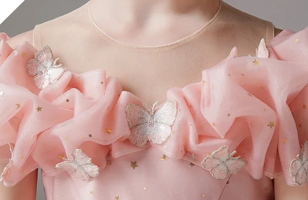 Chic / Beautiful Blushing Pink Lace Butterfly Sequins Birthday Flower Girl Dresses 2024 Ball Gown Scoop Neck Short Sleeve Floor-Length / Long Tulle
