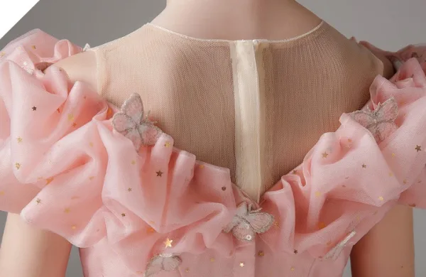 Chic / Beautiful Blushing Pink Lace Butterfly Sequins Birthday Flower Girl Dresses 2024 Ball Gown Scoop Neck Short Sleeve Floor-Length / Long Tulle