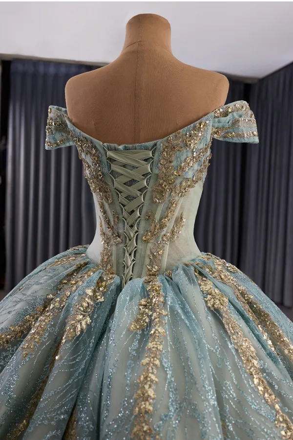 Luxury / Gorgeous Mint Green Handmade  Beading Sequins Prom Dresses 2025 Ball Gown Off-The-Shoulder Short Sleeve Backless Chapel Train Formal Dresses