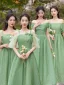 Modest / Simple Sage Green Bridesmaid Dresses 2023 A-Line / Princess Short Sleeve Backless Tea-length Bridesmaid Dresses
